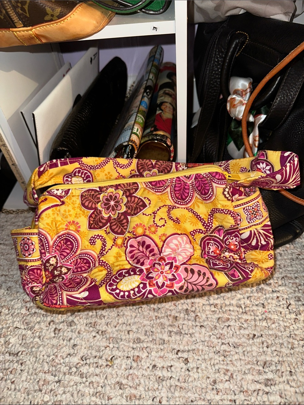 Vera Bradley Yellow Floral Quilted Wristlet with Pink & Purple Accents